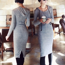 Fashion Solid Color Long Sleeve Hooded Knitted Dress