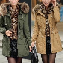 Fashion Solid Color Long Sleeve Hooded Faux Fur Collar Warm Coat