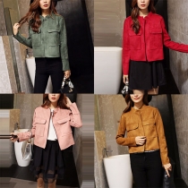 Retro Stand Collar Solid Color Long Sleeve Faux Suede Coat
