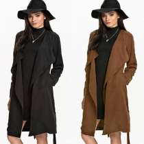 Fashion Solid Color Long Sleeve Lapel Trench Coat with Waist Strap