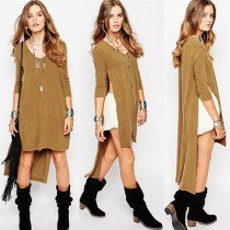 Fashion Solid Color Long Sleeve High-slit High-low Hem Knitted Tops