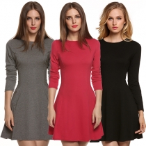Fashion Long Sleeve Round Neck Slim Fit Solid Color Dress