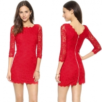 Elegant Solid Color 3/4 Sleeve Slim Fit Hollow Out Lace Dress