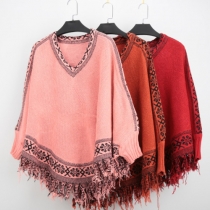 Fashion Bat Sleeve V-neck Tassel Hem Cape-style Knitted Sweater