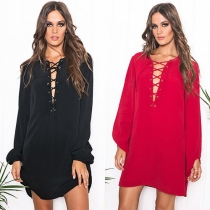 Sexy Lace-up V-neck Long Sleeve Solid Color Dress