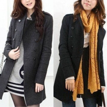 Fashion Solid Color Stand Collar Long Sleeve Double-breasted Woolen Coat