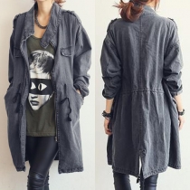 Casual Style Long Sleeve Stand Collar Denim Coat