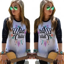 Fashion Contrast Color Long Sleeve Round neck Letters Printed T-shirt