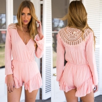 Sexy Deep V-neck Hollow Out Lace Spliced Long Sleeve Gathered Waist Rompers