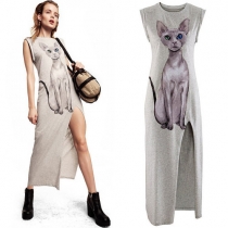 Cute Cat Pattern Side Slit Hem Sleeveless Round Neck Dress