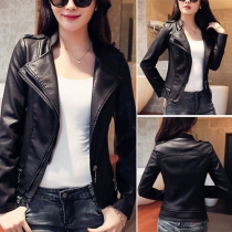 Fashion Solid Color Long Sleeve Oblique Zipper Slim Fit PU Leather Jacket