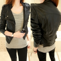 Fashion Long Sleeve Lapel Oblique Zipper PU Leather Motorcycle Jacket