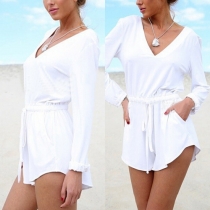 Fashion Solid Color Long Sleeve V-neck Elastic Waist Rompers
