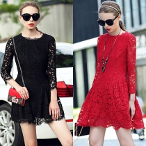Fashion 3/4 Sleeve Round Neck High Waist Hollow Out Lace Dress
