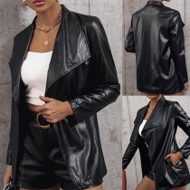 Fashion Solid Color Lapel Slim Fit PU Leather Jacket