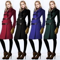 Elegant Solid Color Long Sleeve Slim Fit Woolen Coat