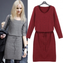 Fashion Solid Color Long Sleeve Round Neck Gathered Waist Knitted Dress