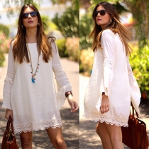 Fashion Lace Spliced Trumpet-sleeve Round Neck Loose Dress