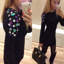 Fashion Solid Color Long Sleeve Round Neck Colorful Rhinestone Dress