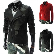 Fashion Solid Color Lapel Long Sleeve Oblique Zipper Men's Jacket