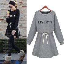 Fashion Solid Color Long Sleeve Round Neck Letters Printed Dress