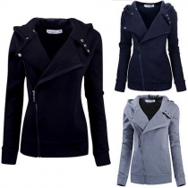 Fashion Solid Color Long Sleeve Oblique Zipper Hooded Coat