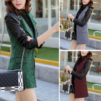 OL Style PU Leather Spliced Long Sleeve Slim Fit Contrast Color Woolen Coat