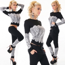 Fashion Lace Spliced Long Sleeve Round Neck Casual Sports Suit