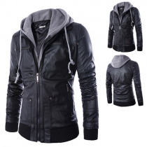 Fashion Long Sleeve Hooded Mock Two-piece Men's PU Leather Coat