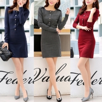 OL Style Solid Color Long Sleeve Slim Fit Dress