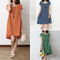 Fresh Style Solid Color Short Sleeve Loose Dress