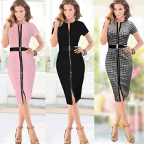 OL Style Short Sleeve Round Neck Slim Fit Pencil Dress with Waistband