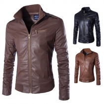 Fashion Long Sleeve Stand Collar Men's PU Leather Coat
