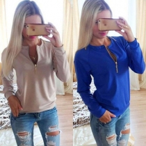 Fashion Solid Color Long Sleeve Round Neck Zipper Sweatshirt