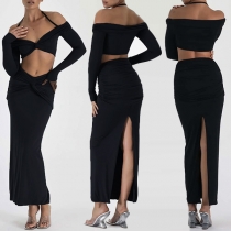 Sexy Crossover Deep V-neck Long Sleeve Crop Tops + High Waist Maxi Skirt Set