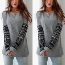 Fashion Printed Spliced Long Sleeve Round Neck Sweatshirt