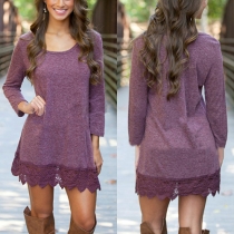 Fashion Solid Color Long Sleeve Round Neck Lace Spliced Hem T-shirt Dress