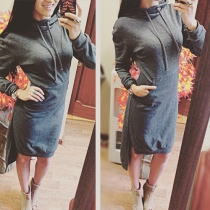 Fashion Solid Color Long Sleeve High-low Hem Hooded Dress