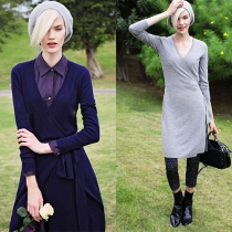 Fashion Solid Color Long Sleeve Lace-up Cardigan-style Dress