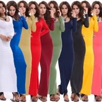 Fashion Solid Color Long Sleeve Round Neck Slim Fit Maxi Dress