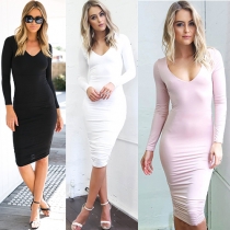 Sexy Backless V-neck Long Sleeve Solid Color Sheath Dress