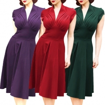 Retro Style Solid Color V-neck Short Sleeve Slim Fit Dress