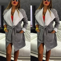 Fashion Solid Color Long Sleeve Lapel Overcoat with Waist Strap
