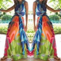 Bohemian Style Sleeveless Printed Halter Maxi Dress
