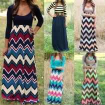 Fashion Colorful Wave-stripe Spliced Round Neck Maxi Dress