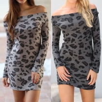 Sexy Slash Neck Long Sleeve Leopard Print Bodycon Dress