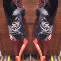 Fashion Solid Color Long Sleeve Round Neck Zipper Dress