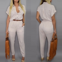 OL Style Short Sleeve POLO Collar Solid Color Jumpsuits