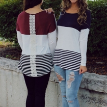 Fashion Contrast Color Lace Spliced Long Sleeve Round Neck T-shirt