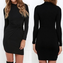Fashion Solid Color Long Sleeve Turtleneck Twisted Dress